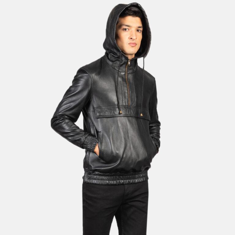 Mens Kenton Hooded Black Leather Pullover Jacket Open Front-4-1634134555383